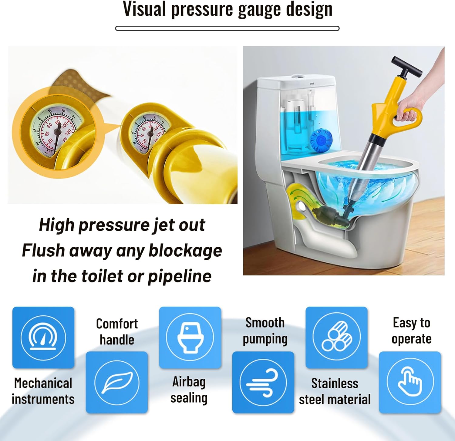 Stura WC a Pressione con Barometro e 4 Ventose, Giallo - immagine 2