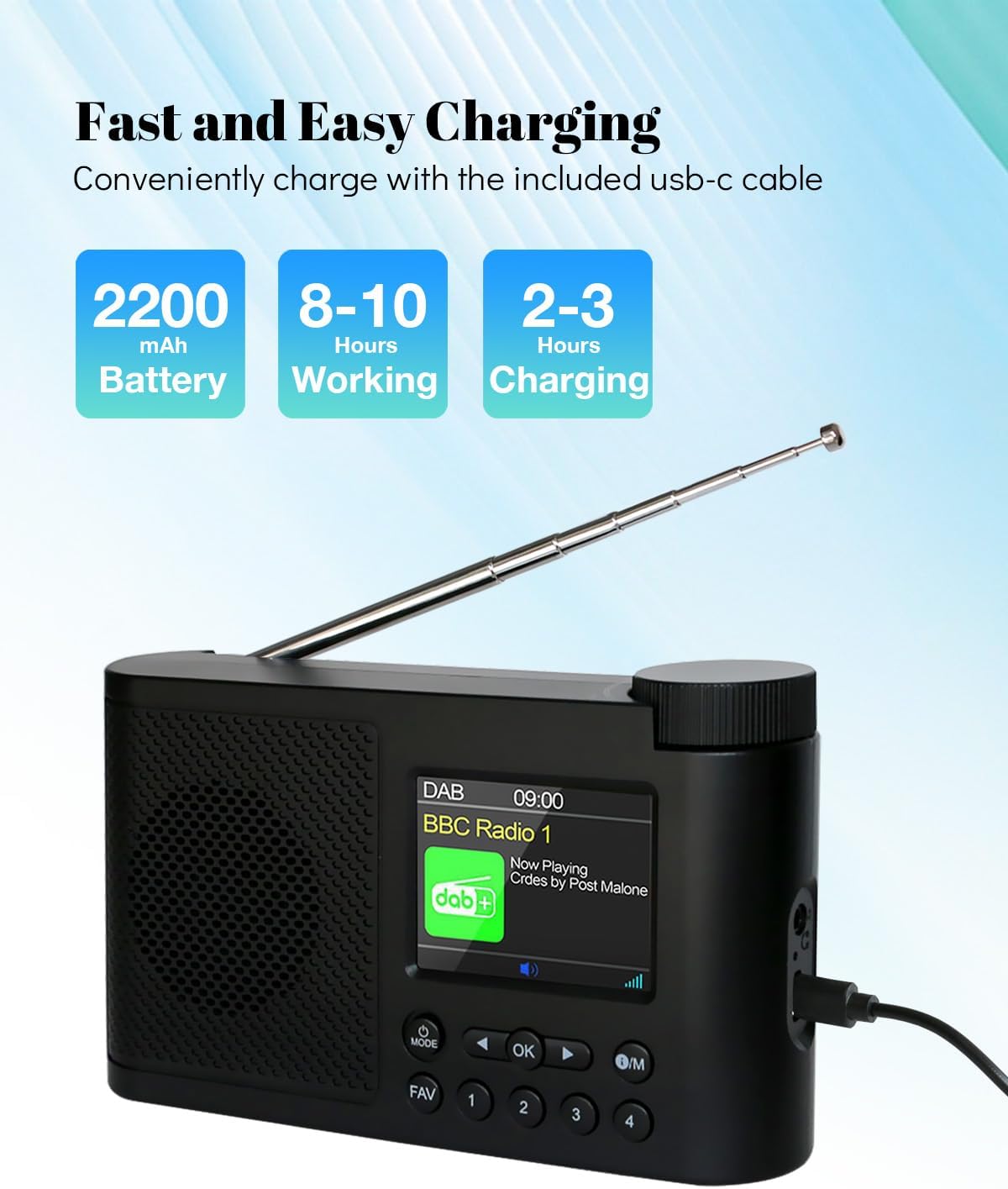 Radio DAB+/FM Portatile con Bluetooth 5.0 e Display 2.4" - immagine 6