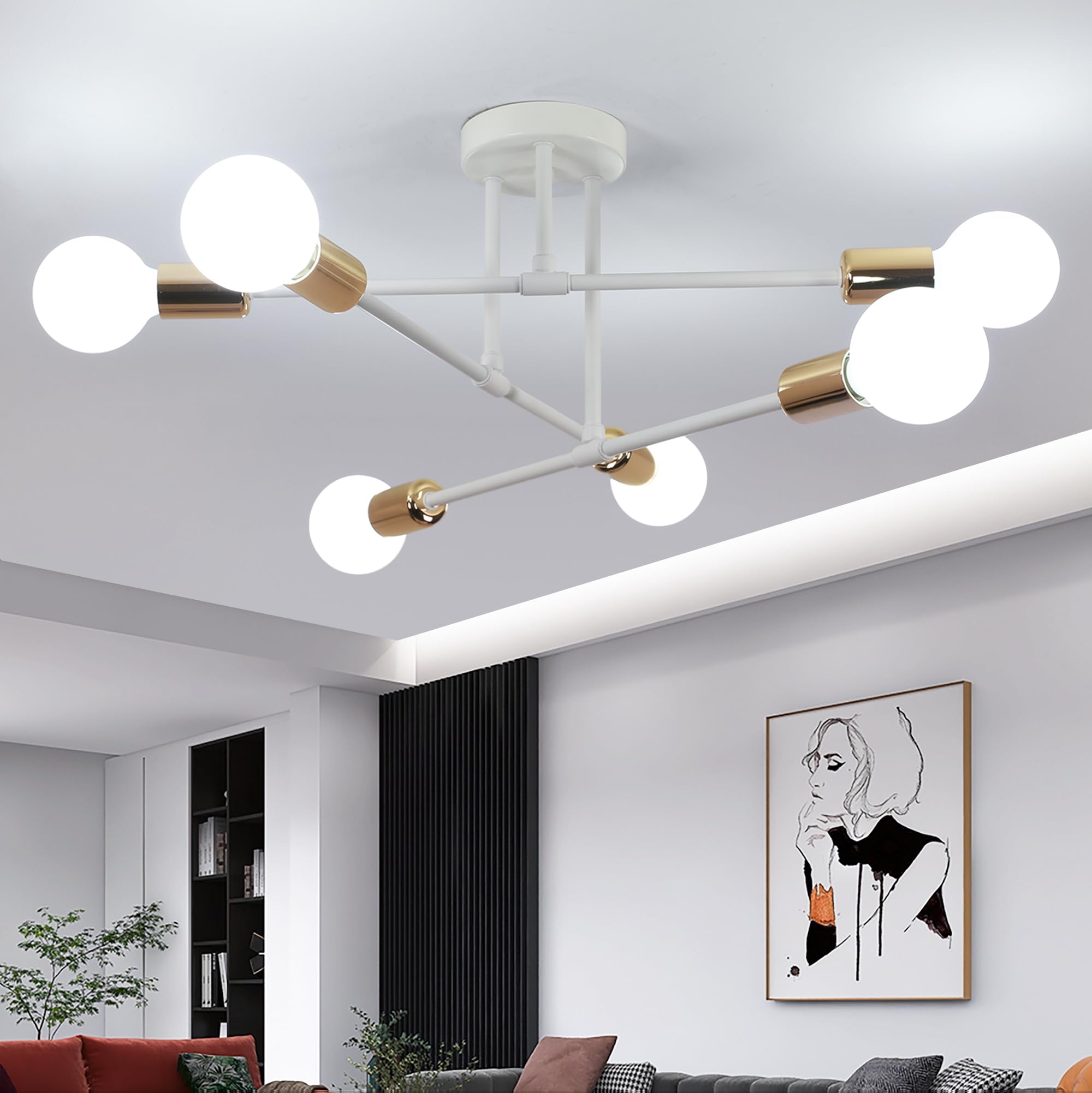 Plafoniera Moderna 6 Luci E27 in Metallo Bianco e Oro 52CM