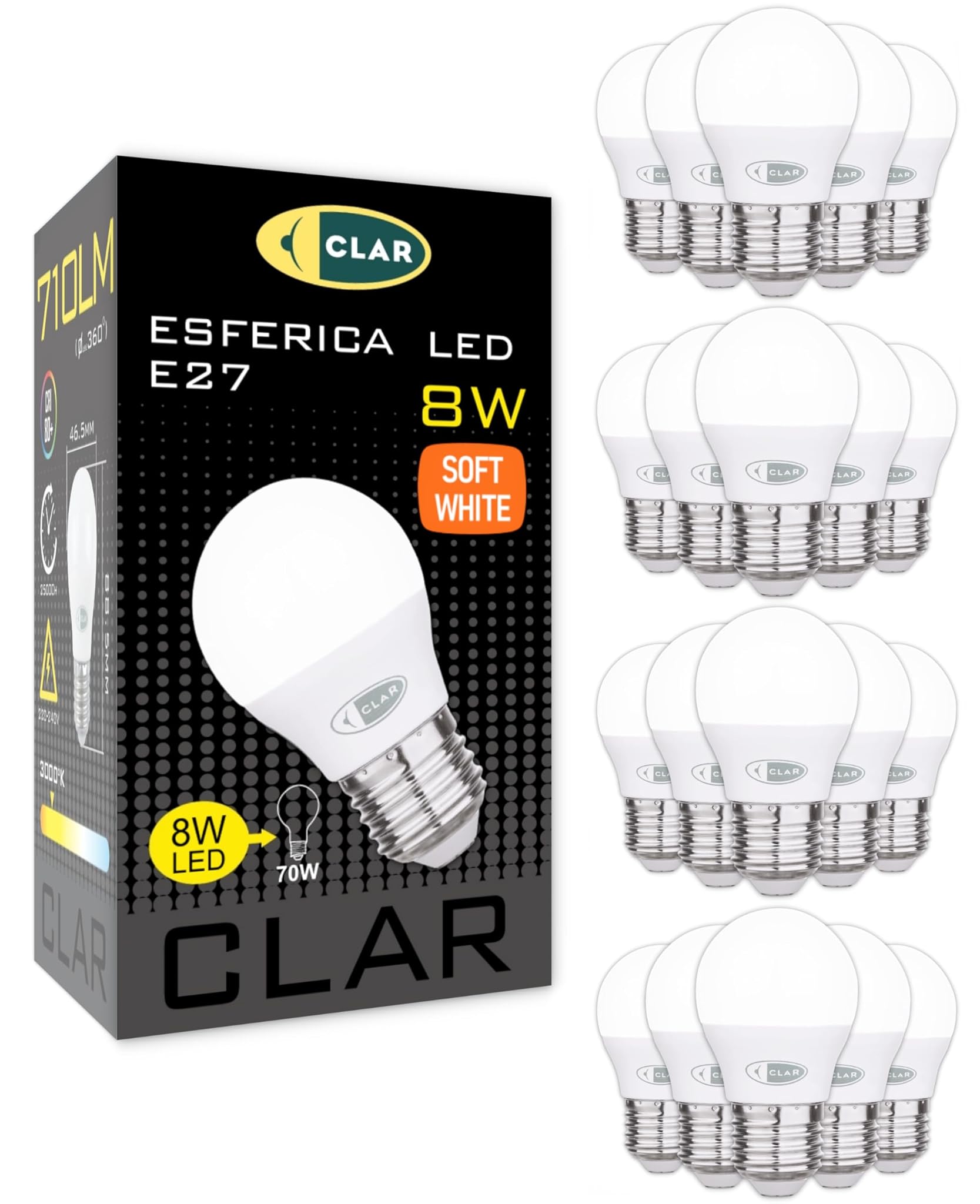 Clar - Lampadine LED E27 Luce Calda 8W (Pack 20)