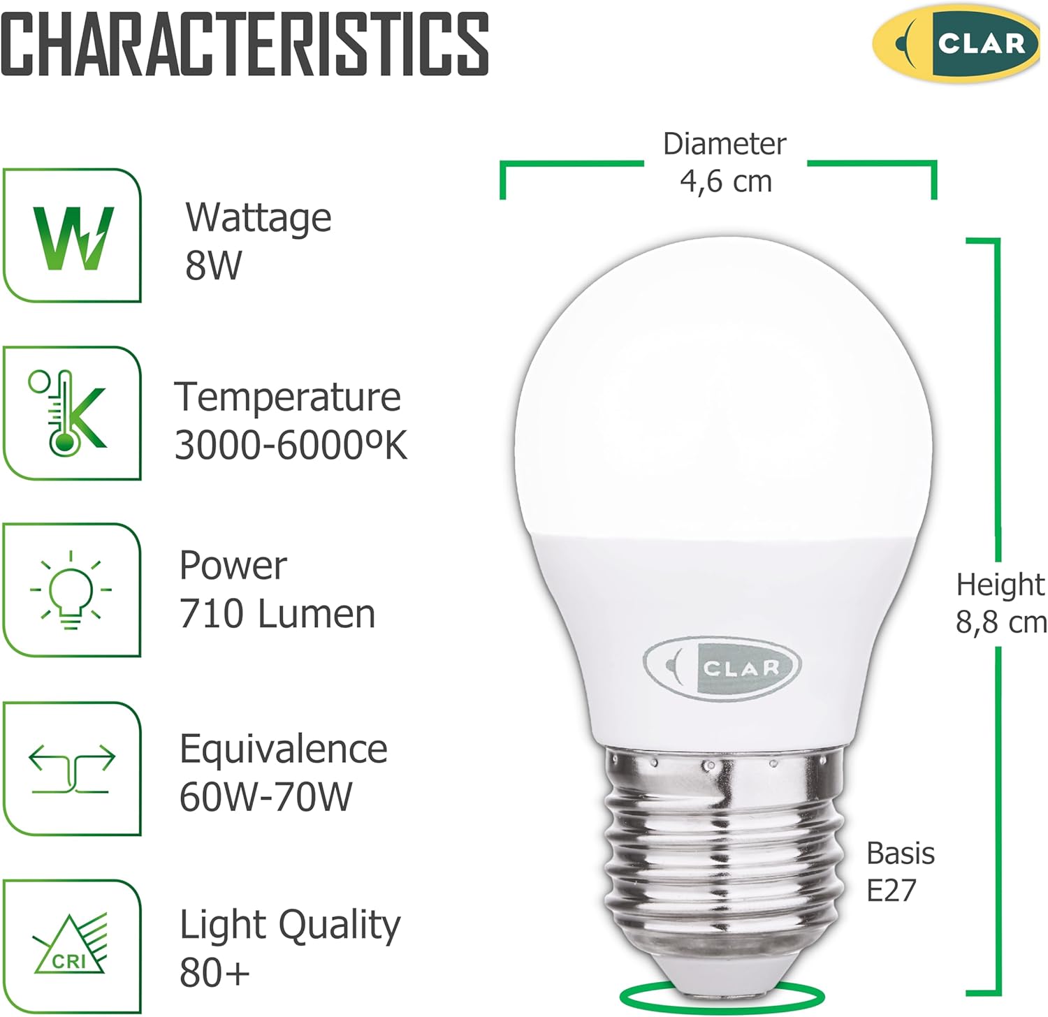 Clar - Lampadine LED E27 Luce Calda 8W (Pack 20) - immagine 2