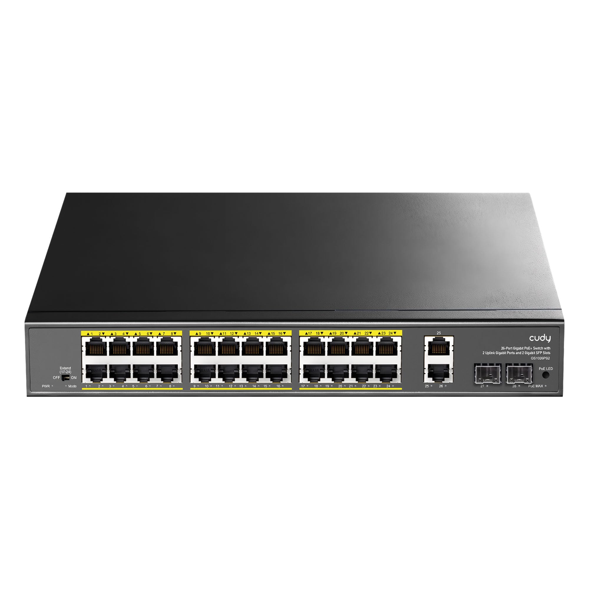 Cudy Switch PoE+ non gestito da 24 Gigabit Ethernet, 300 W, 24 Gigabit PoE+, 2 Gigabit SFP e 2 porte Uplink, modalità VLAN, montaggio su rack da 19", 802.3af/at, GS1026PS2