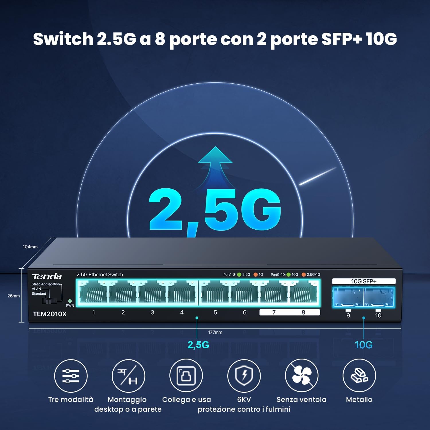 Tenda Switch Ethernet 2.5 Gigabit 8 Porte con 2 SFP+ 10G - immagine 2