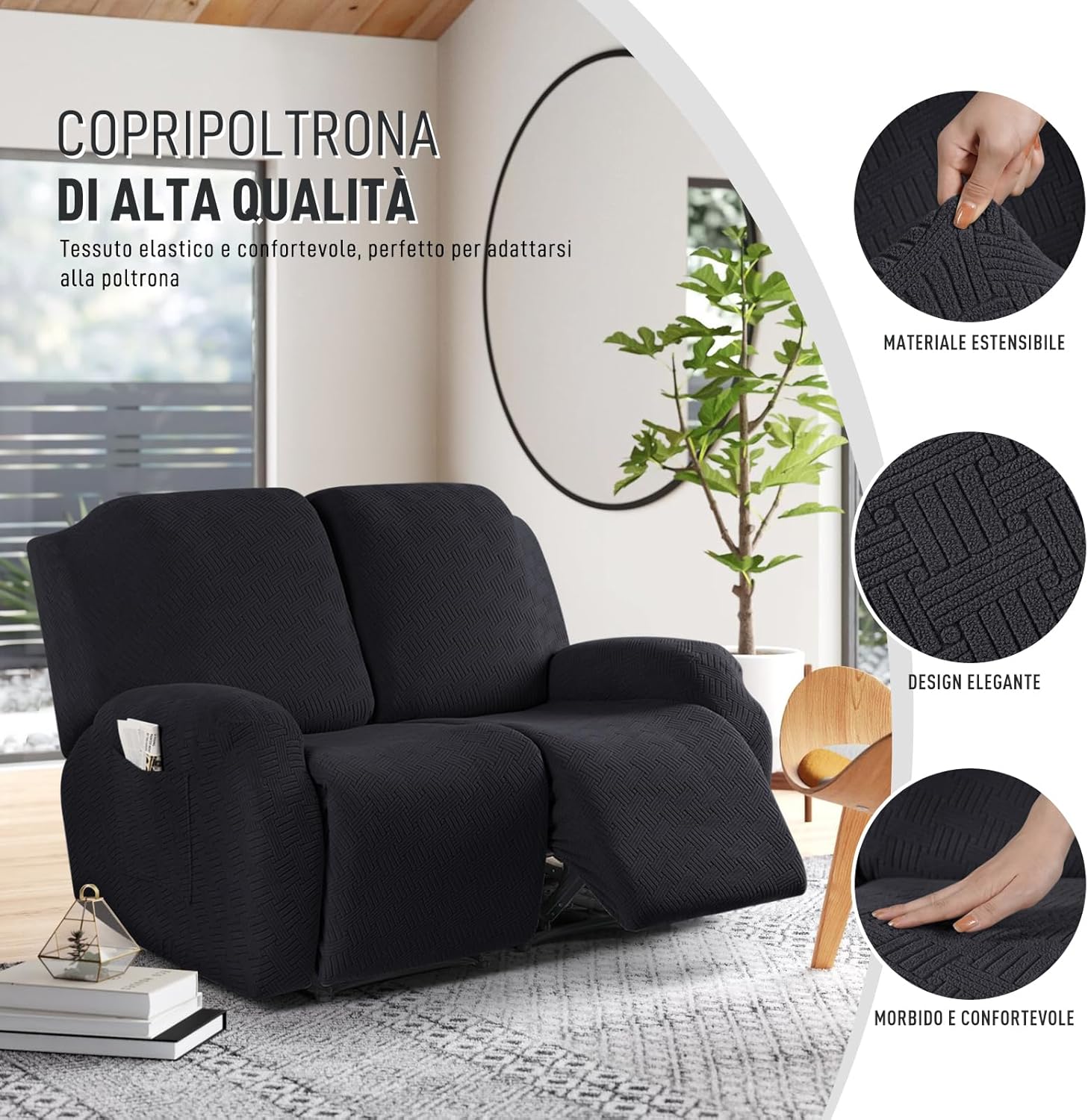 KinCam Copridivano 2 Posti con Braccioli, Nero - immagine 3