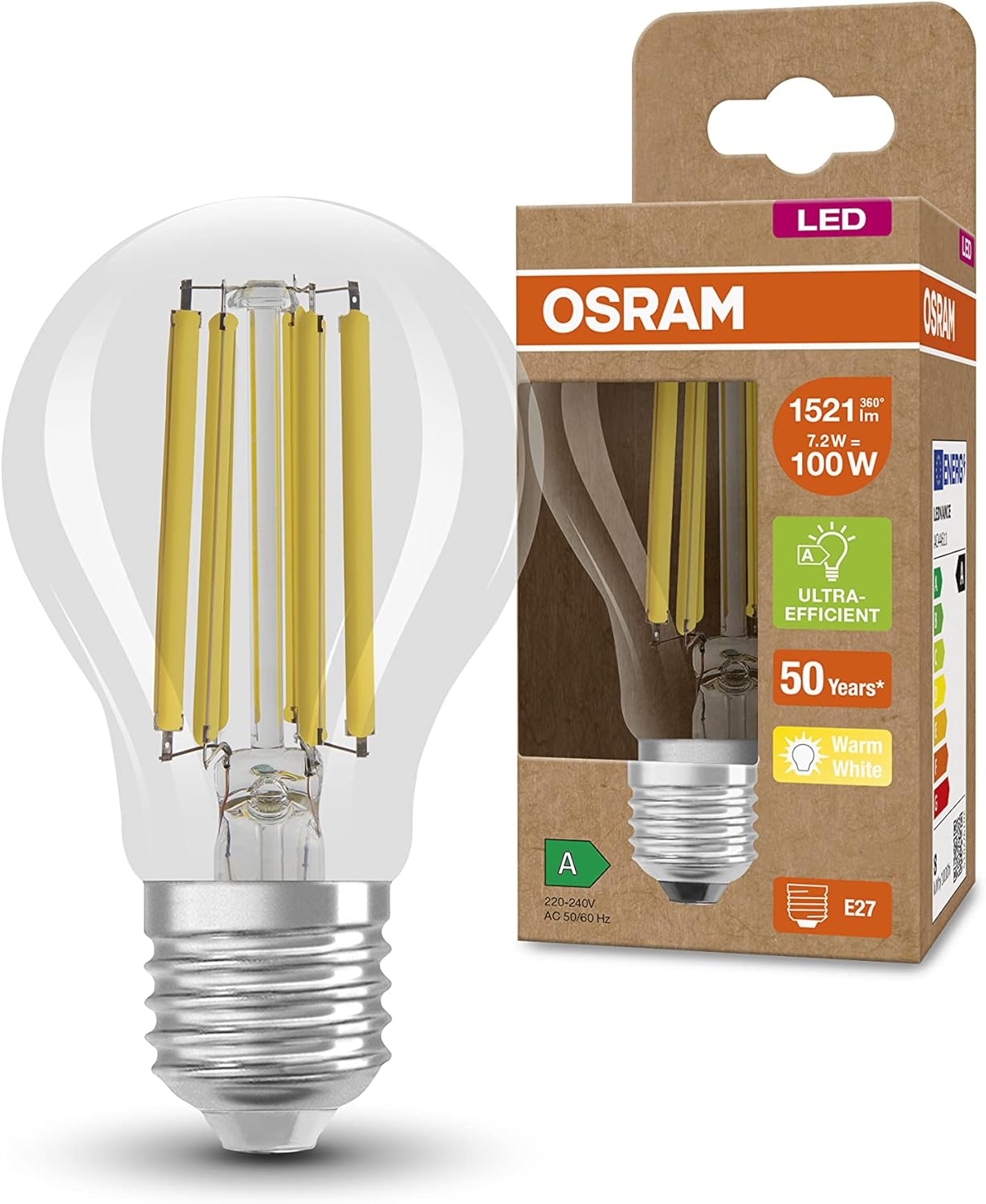 Osram LED E27 a Filamento Bianco Caldo 7,2W (6 pezzi) - immagine 1