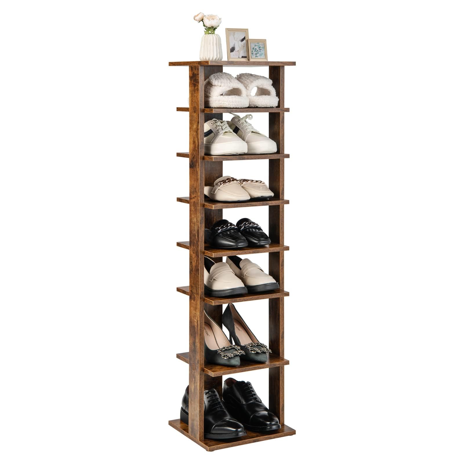 FANTASK Scarpiera a 8 livelli, in legno, regolabile in altezza, scarpiera stretta, verticale, scaffale angolare indipendente per ingresso e corridoio (marrone)