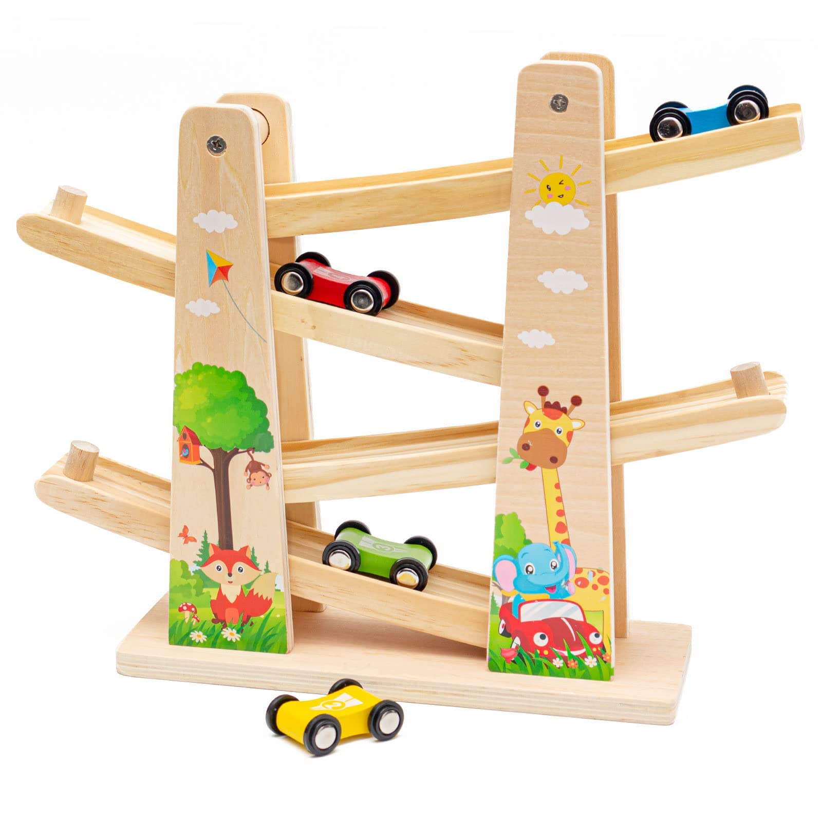Rampe per Auto in Legno|Scivolo per Auto a Zig Zag|Pista da Corsa in Legno con 4 Macchinine Rampa Giocattolo Educativo per Regali per Bambini