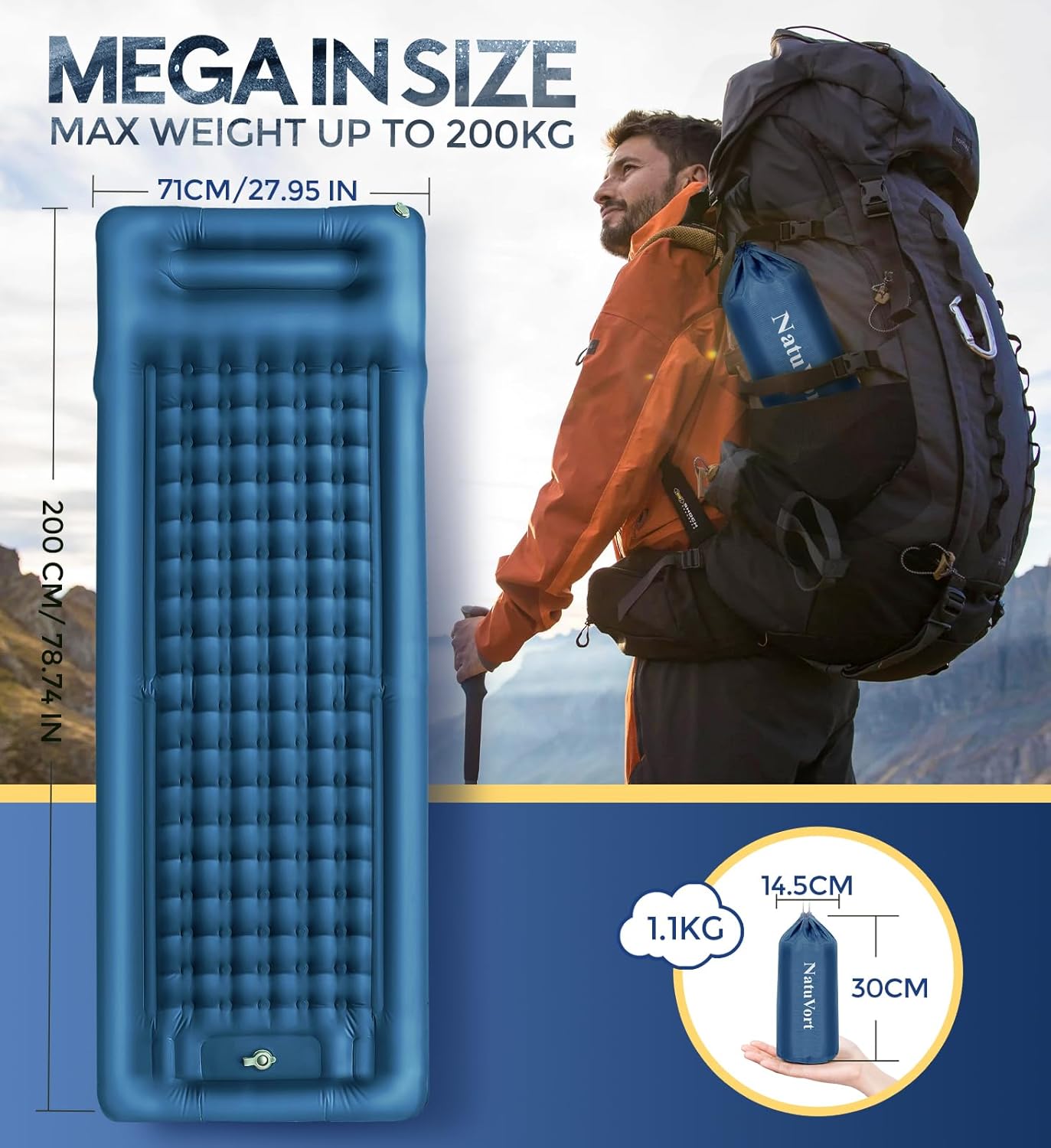 Materassino Campeggio Autogonfiante con Cuscino, Blu Scuro - immagine 4