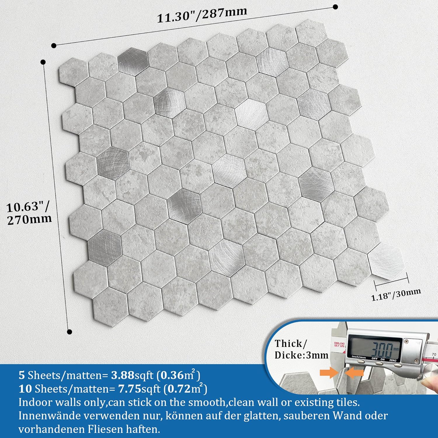 MOFIT Piastrelle Esagonali Autoadesive, Grigio Cemento - immagine 5