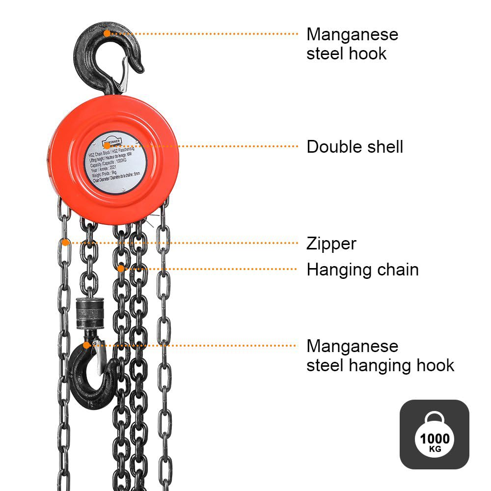 DEWINNER Paranco Manuale a Catena 1 Tonnellata, Rosso - immagine 2