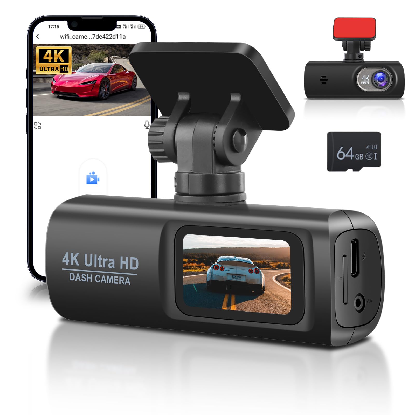 4K Dashcam Auto Anteriore e Posteriore con WiFi 5 GHz