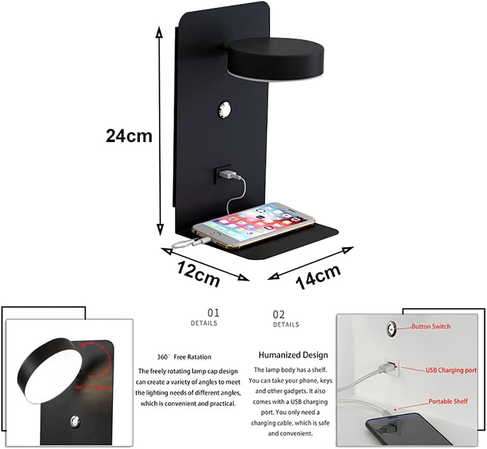 Applique da Parete LED Dimmerabile 12W con USB, 2 Pezzi - immagine 5