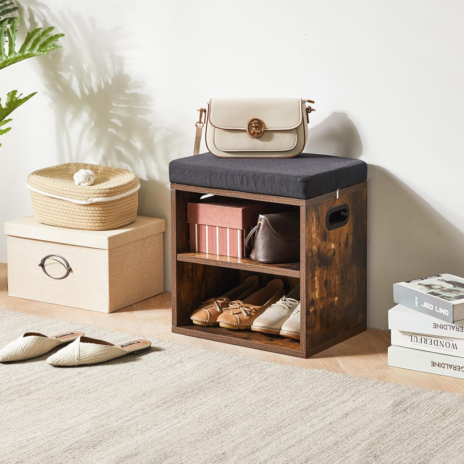 Ymyny Panca Scarpiera 2 Livelli con Cuscino, Marrone - immagine 2