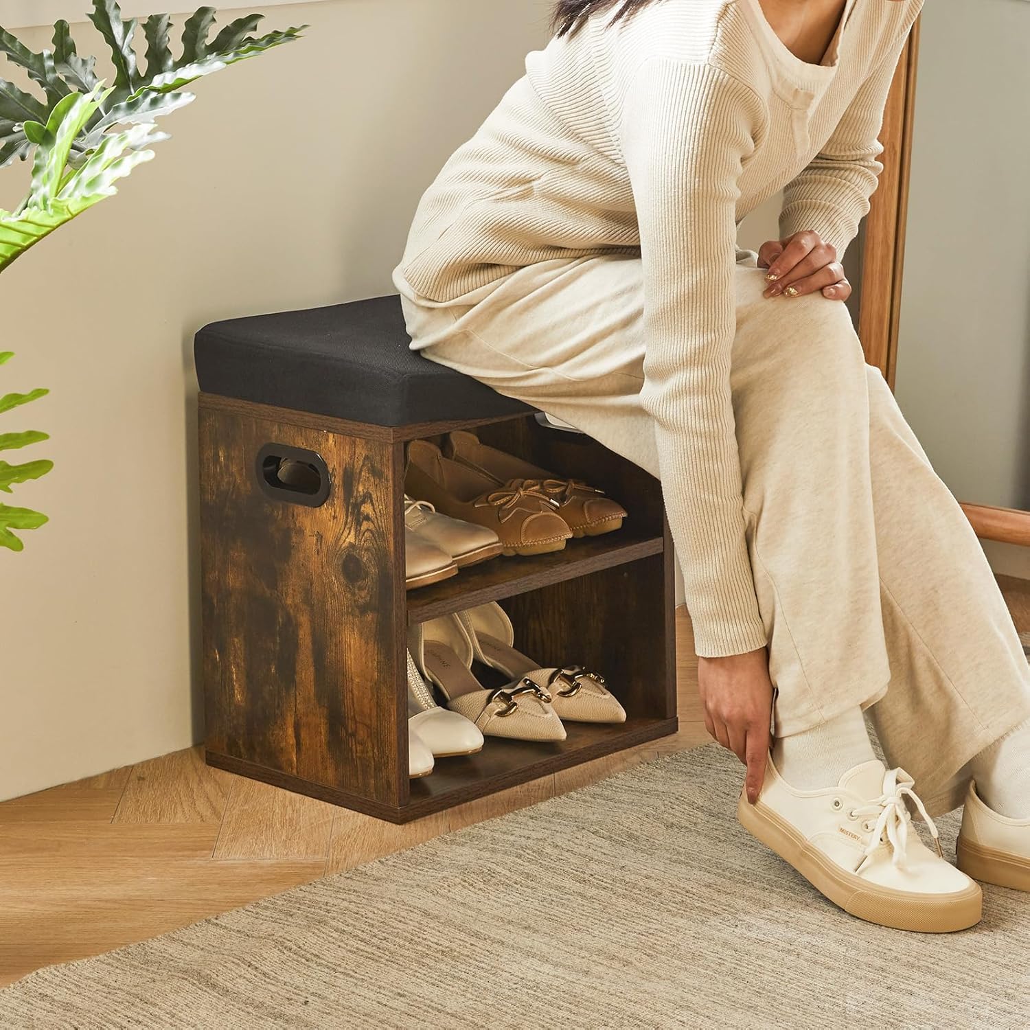 Ymyny Panca Scarpiera 2 Livelli con Cuscino, Marrone - immagine 5