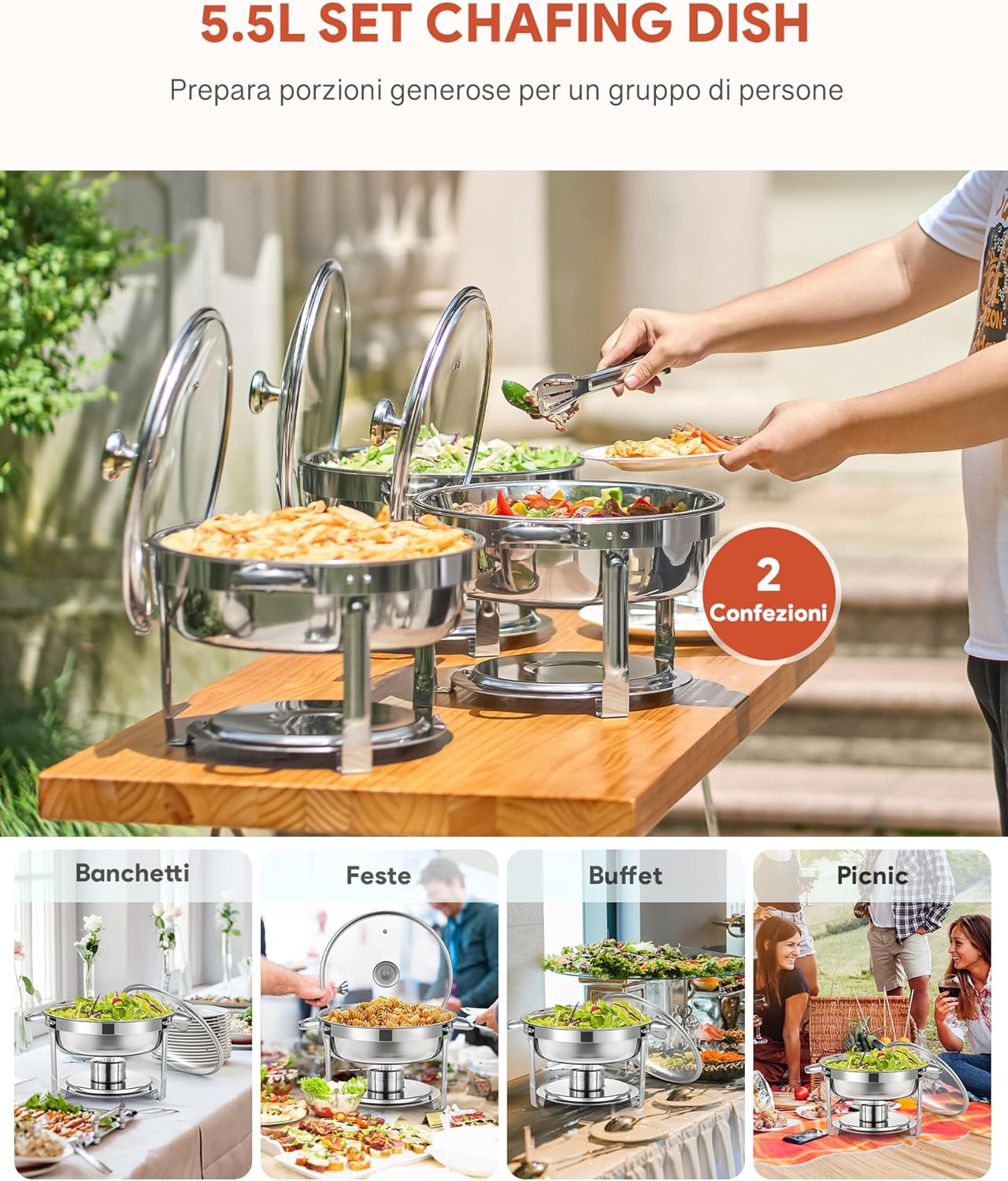 Wilprep 5.5L Chafing Dish Buffet Rotondo (2 Pezzi) - immagine 2