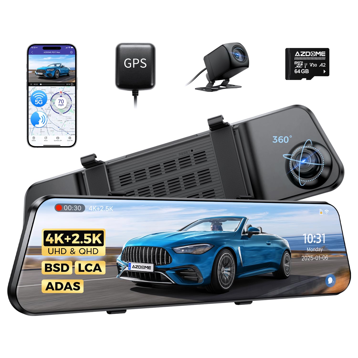 Azdome Dash Cam Auto Specchietto Retrovisore 4K + 2.5K