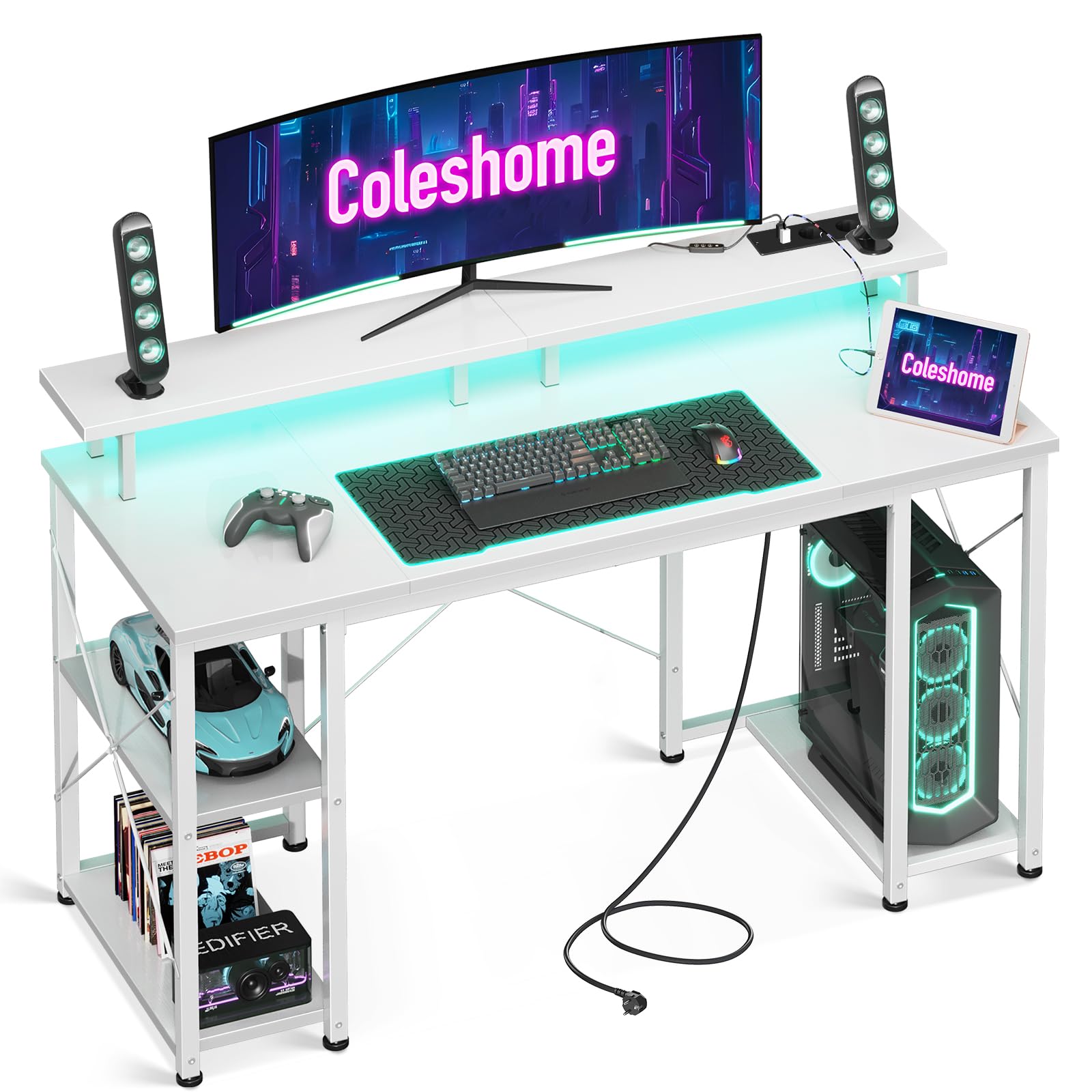 Coleshome Scrivania Gaming LED 120x50cm, Bianco