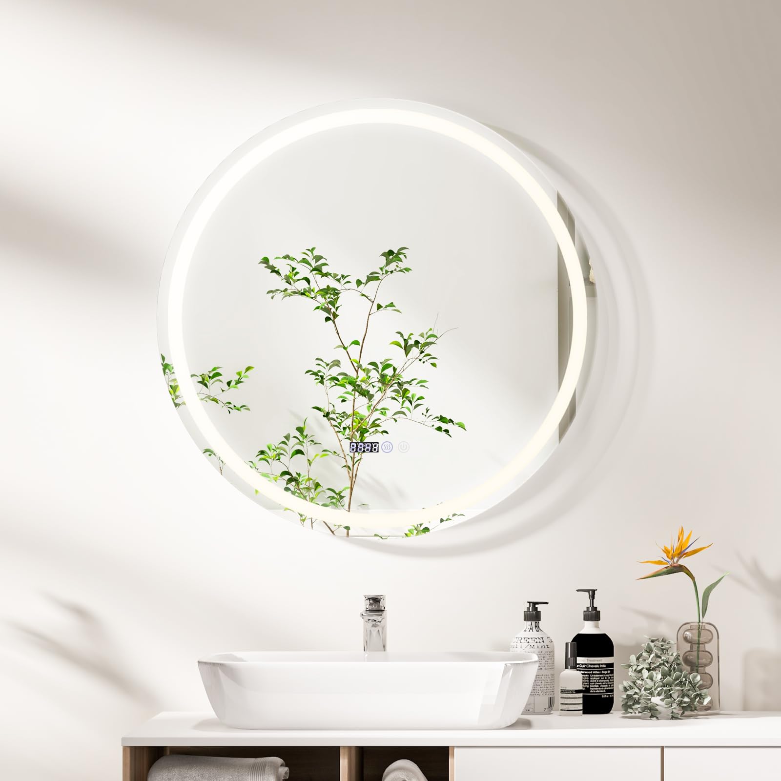 FANTASK Specchio da bagno, specchio da bagno con illuminazione a LED e riscaldamento a specchio anti-appannamento, specchio da parete dimmerabile con temperatura di colore 3000 K-6500 K, moderno