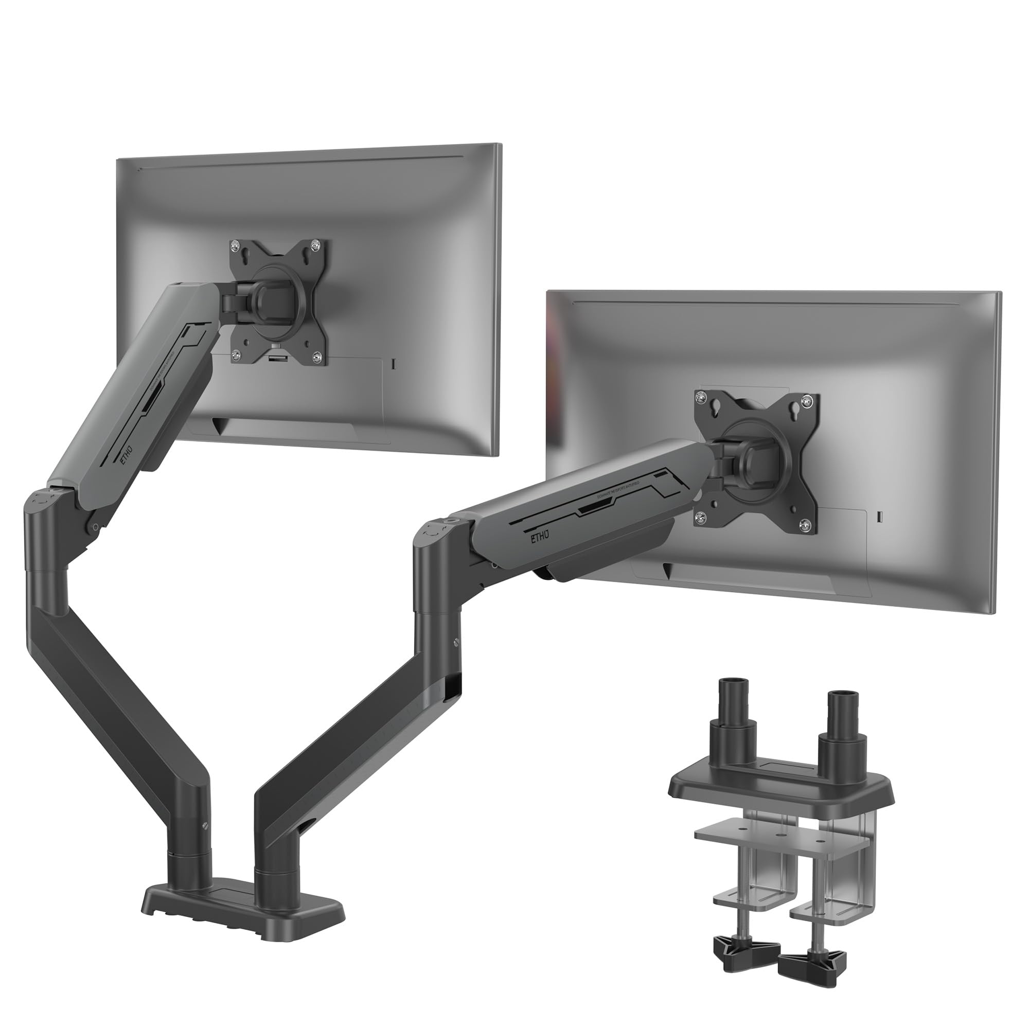 ETHU Braccio doppio per monitor con molla a gas, supporto VESA regolabile resistente per schermi da 17 a 38 pollici fino a 12 kg, supporto da scrivania ergonomico con morsetto a C e installazione con