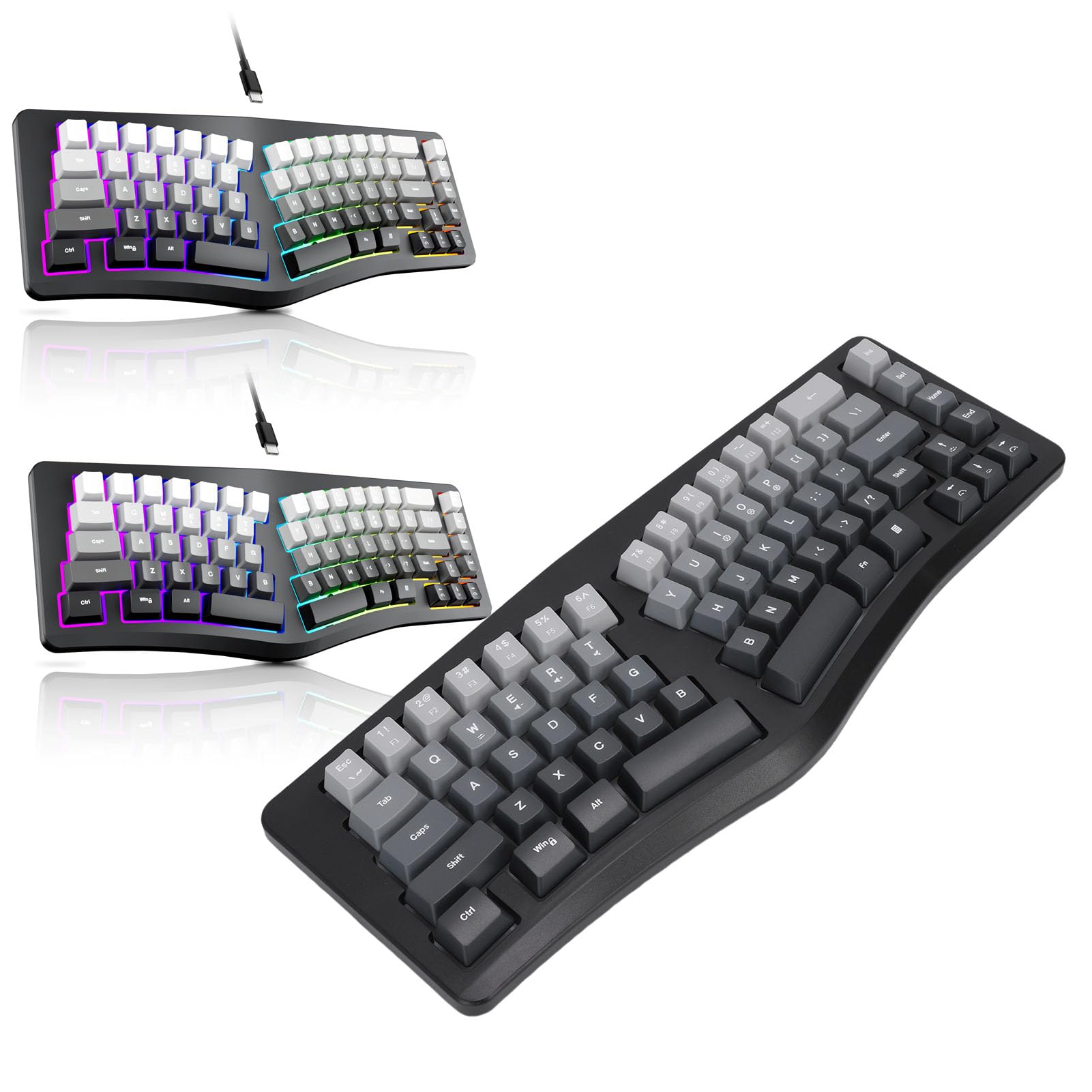 Zunate Tastiera Ergonomica USB Cablata, Retroilluminata a 7 Colori e Luminosità Regolabile Digitazione Confortevole Tastiera Meccanica da Gioco Ergo Split per Più Sistemi Operativi