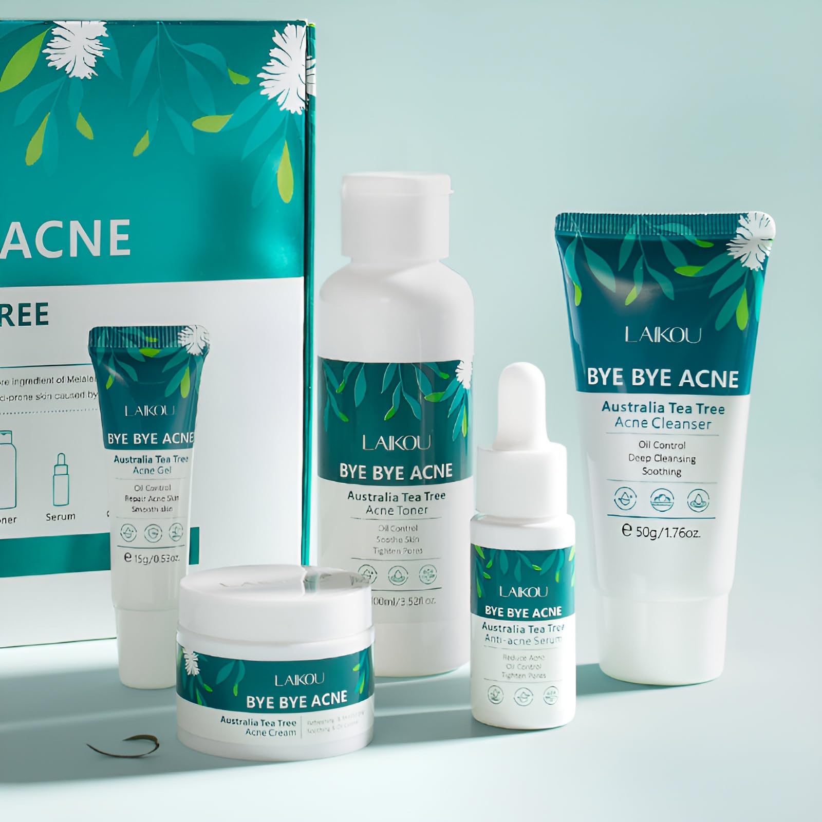 LAIKOU Tea Tree Set Per La Cura Della Pelle, 5 Pezzi Skin Care Acne Kit, con Latte Viso Tonico Idratante Siero Gel Crema, per Pelle Grassa e Mista, Contro Brufoli, Punti Neri e Imperfezioni
