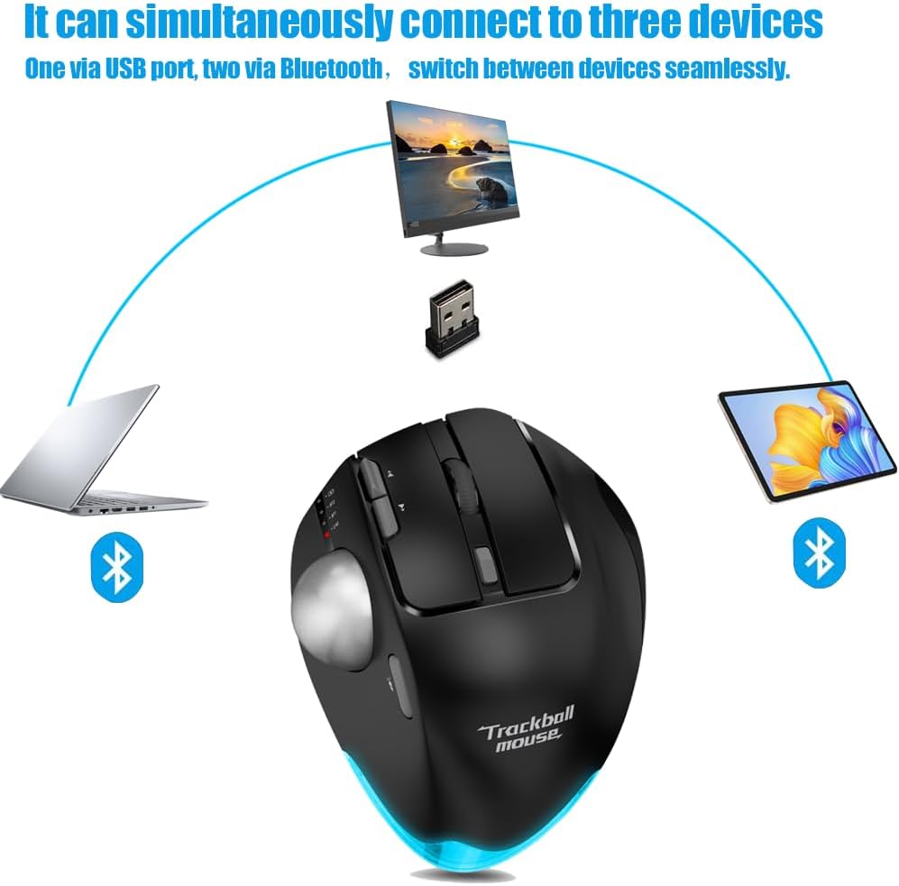 Zelotes Mouse Trackball Bluetooth Wireless Ricaricabile, Nero - immagine 4