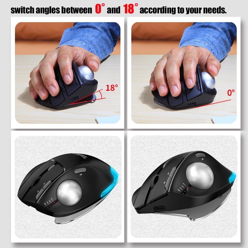 Zelotes Mouse Trackball Bluetooth Wireless Ricaricabile, Nero - immagine 5