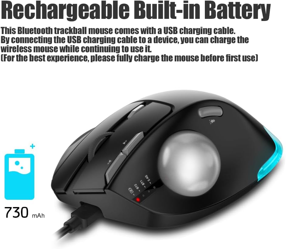 Zelotes Mouse Trackball Bluetooth Wireless Ricaricabile, Nero - immagine 6