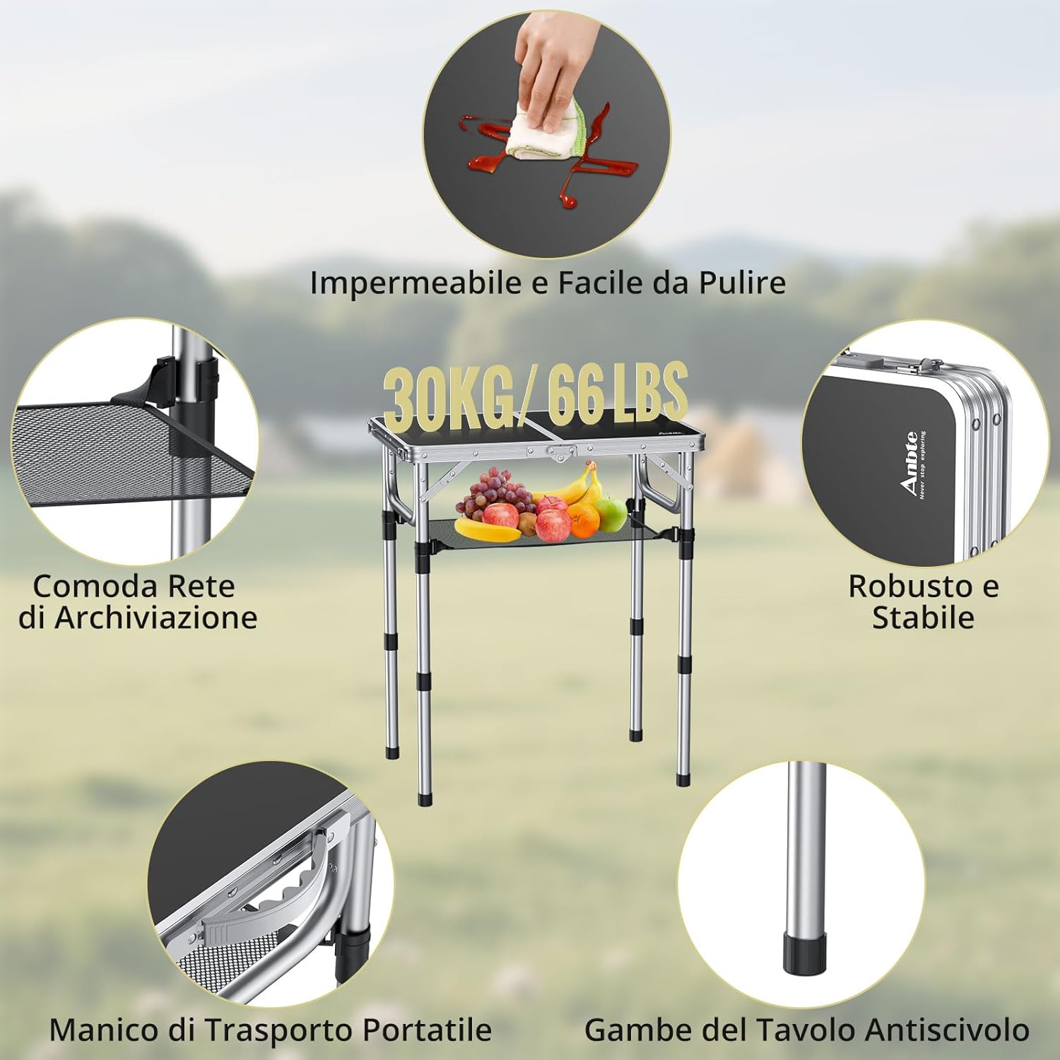 Anbte Tavolo Campeggio Pieghevole Regolabile, Nero - immagine 5
