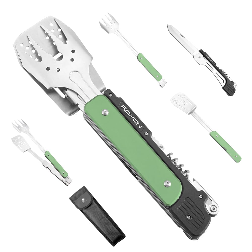 ROXON S601 14" 6 in 1 MBT3 Set di utensili pieghevoli per grigliare Forchetta, spatola, coltello per grigliare, pinze, apribottiglie per barbecue e campeggio (Verde)