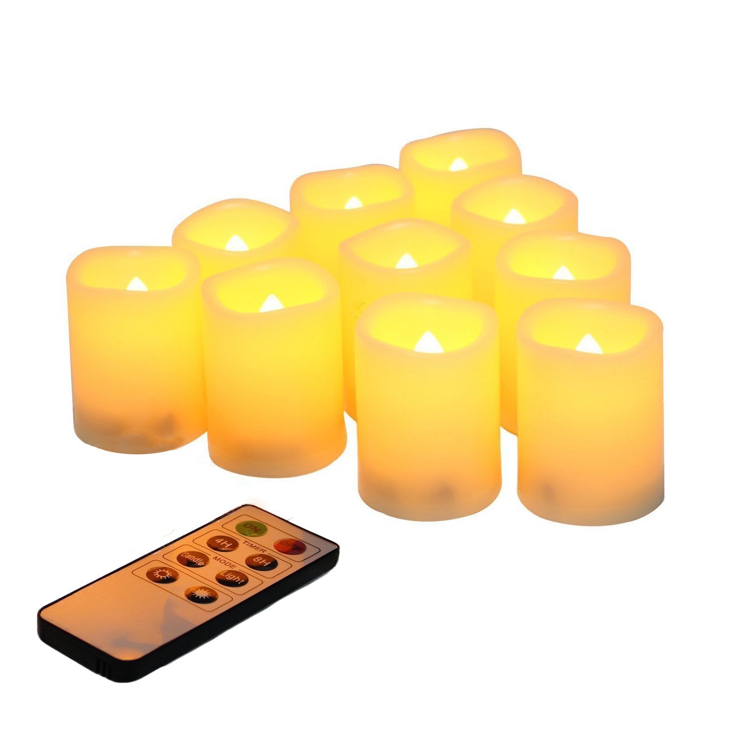 Set di 10 lumini votivi a LED senza fiamma, con telecomando, funzionamento a batteria, set di 10 lumini elettrici per esterni, candele con timer per Natale, decorazioni natalizie (batterie incluse)
