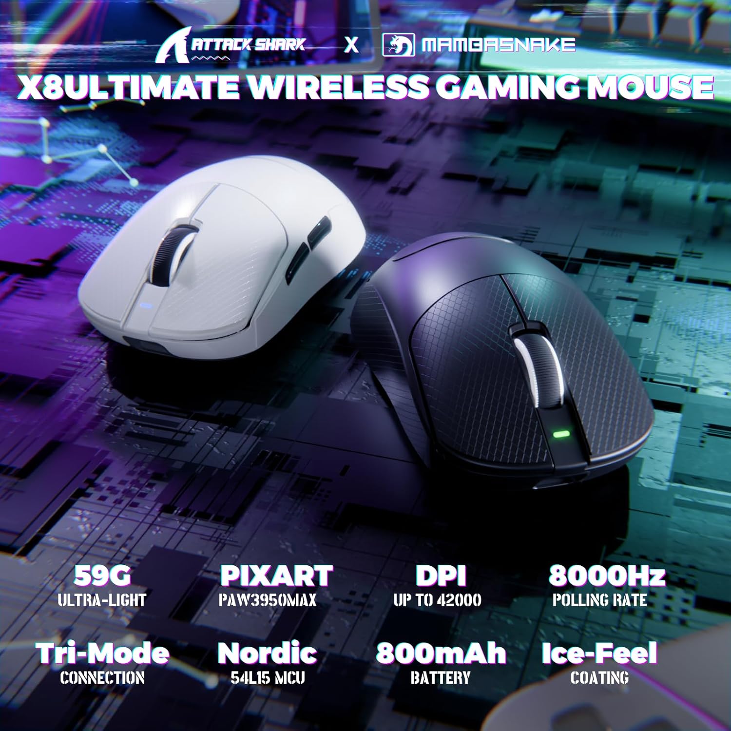 Mambasnake X ATTACKSHARK X8ULTIMATE Mouse Gaming Wireless, Nero - immagine 2
