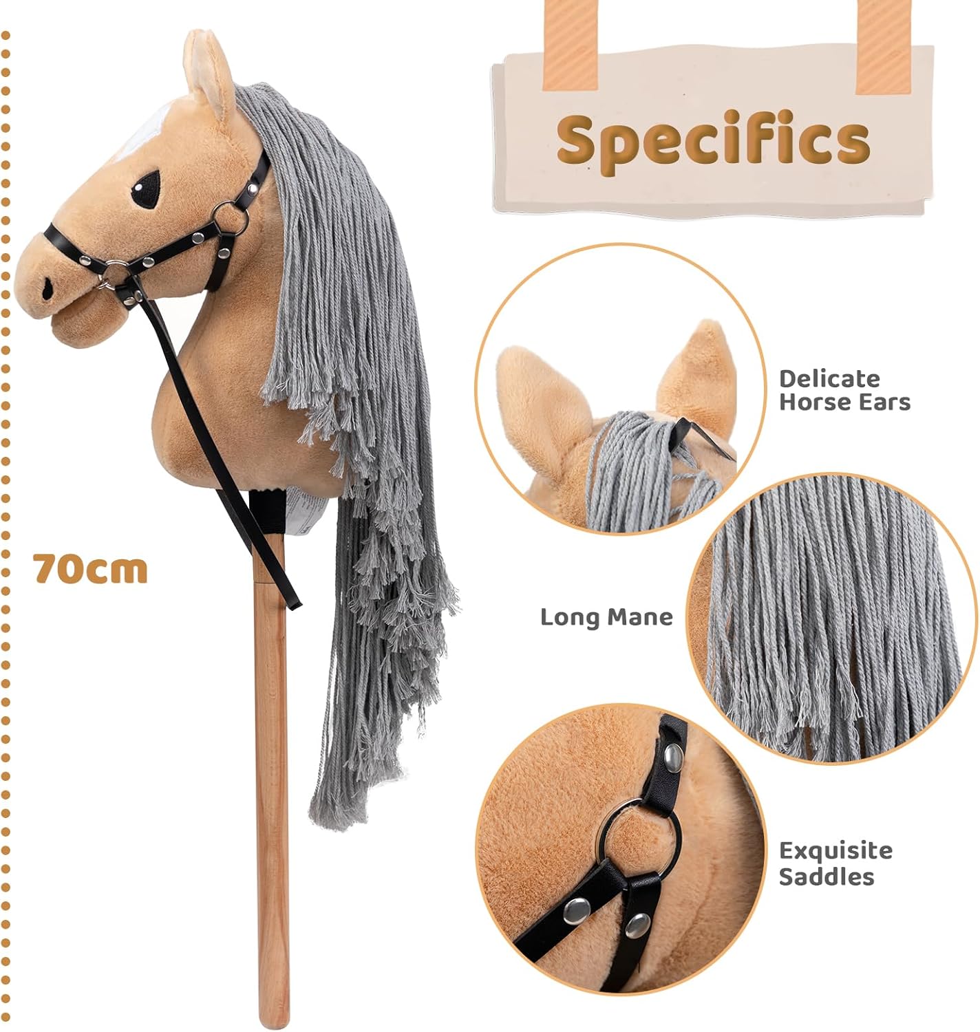 BEJOY Cavallo a Dondolo in Legno e Peluche, Kaki - immagine 2