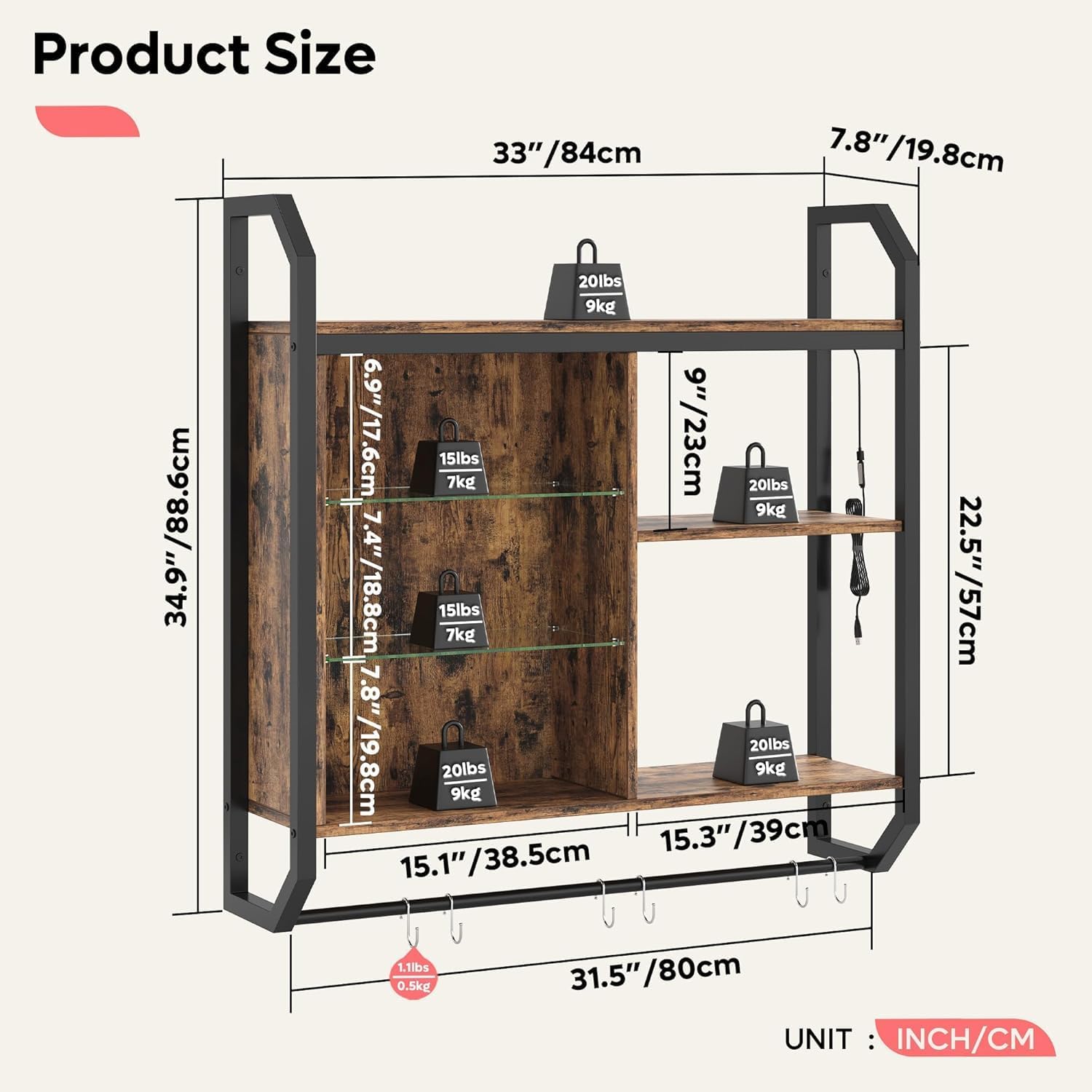 Bestier Mensole da Cucina a LED Industriali 84cm, Marrone - immagine 3