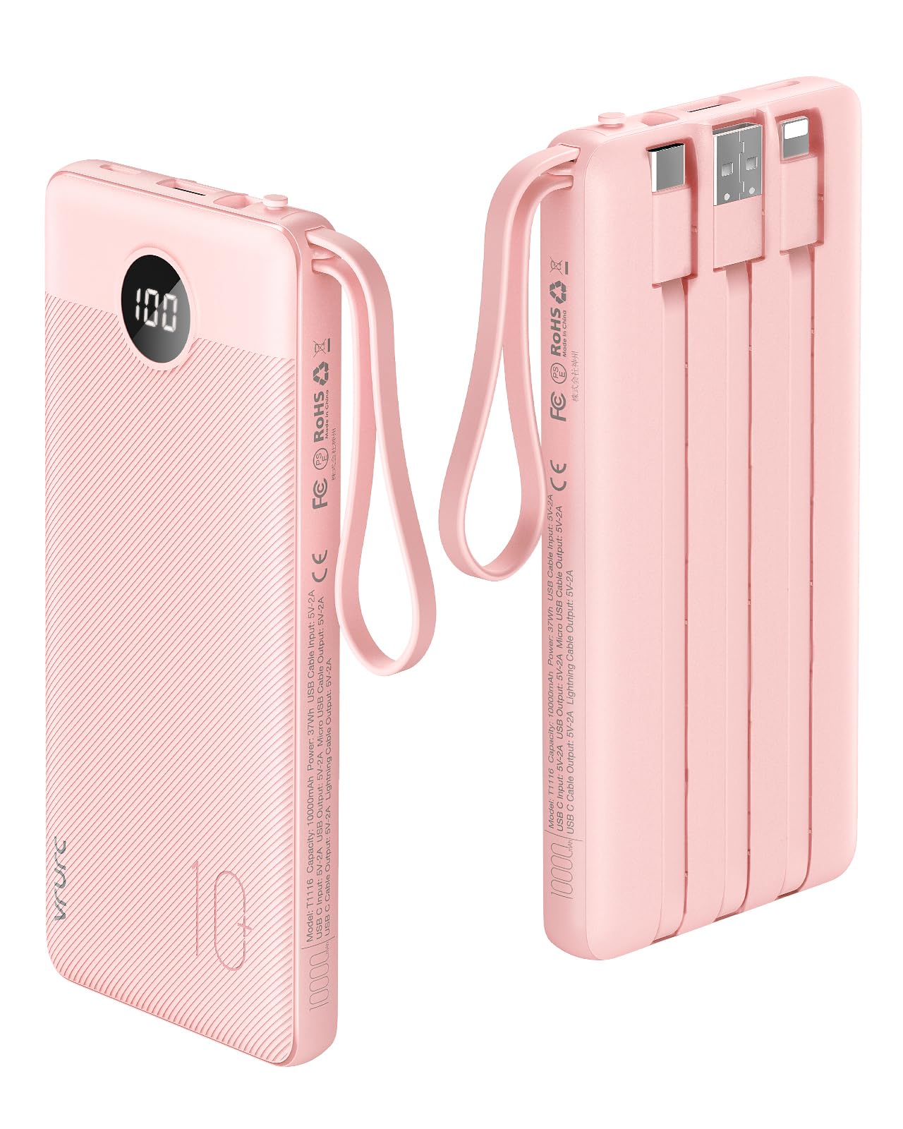 Vrurc Power Bank 10000mAh con 4 Cavi Integrati, Rosa