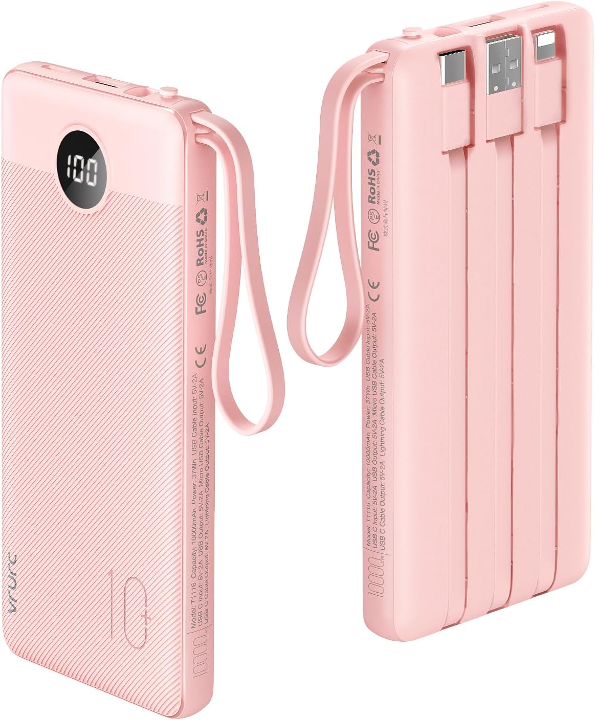 Vrurc Power Bank 10000mAh con 4 Cavi Integrati, Rosa - immagine 1