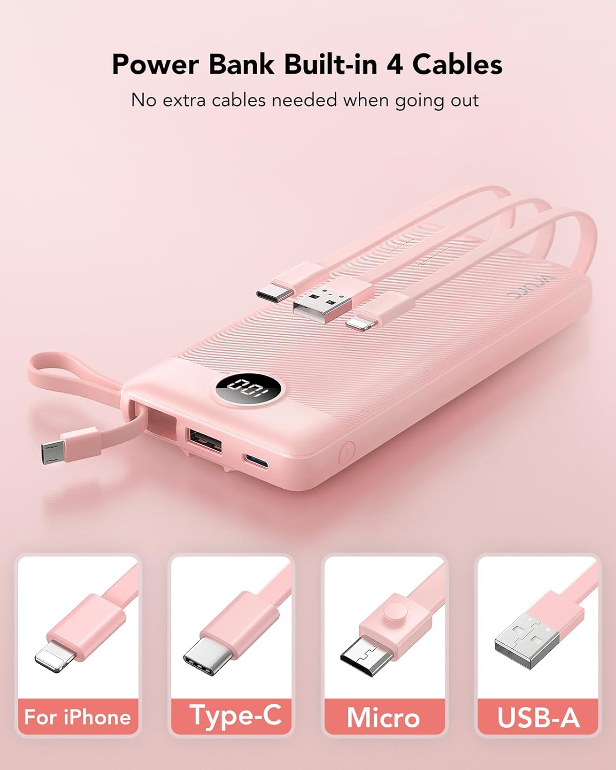 Vrurc Power Bank 10000mAh con 4 Cavi Integrati, Rosa - immagine 2