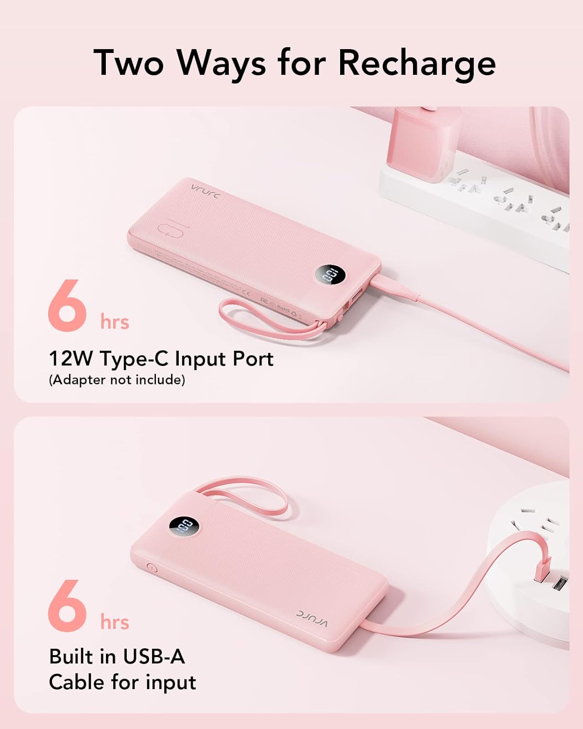 Vrurc Power Bank 10000mAh con 4 Cavi Integrati, Rosa - immagine 4