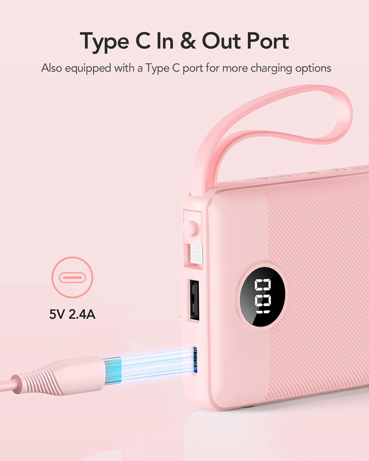 Vrurc Power Bank 10000mAh con 4 Cavi Integrati, Rosa - immagine 5