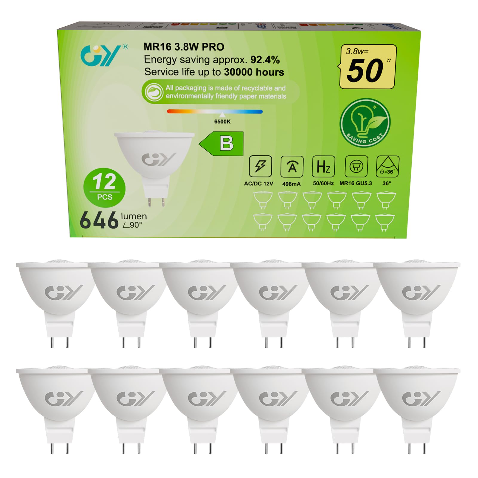 Gy Lampadine LED GU5.3 MR16 12V 3.8W, Set da 12