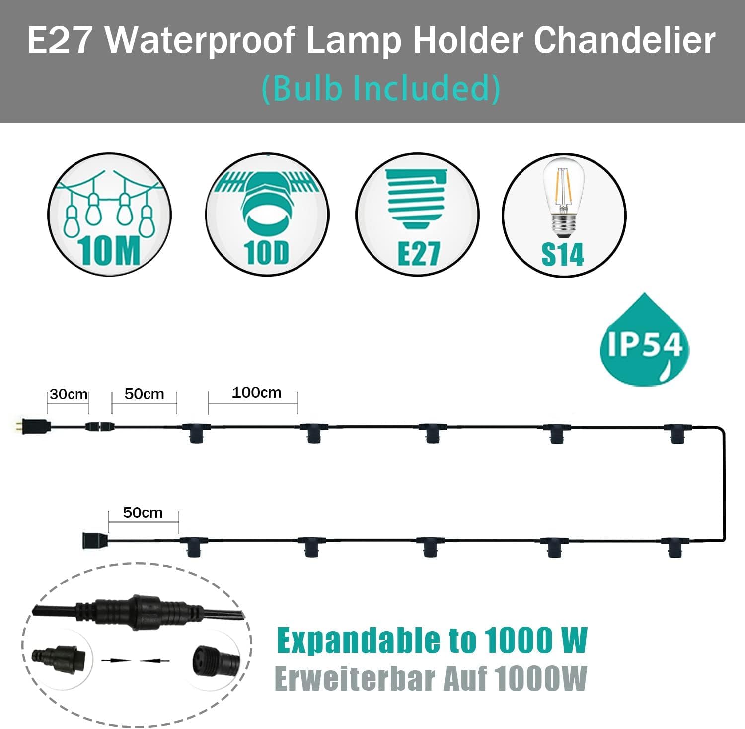 M Mu Catena Luminosa Esterno 10M E27, NERO - immagine 2