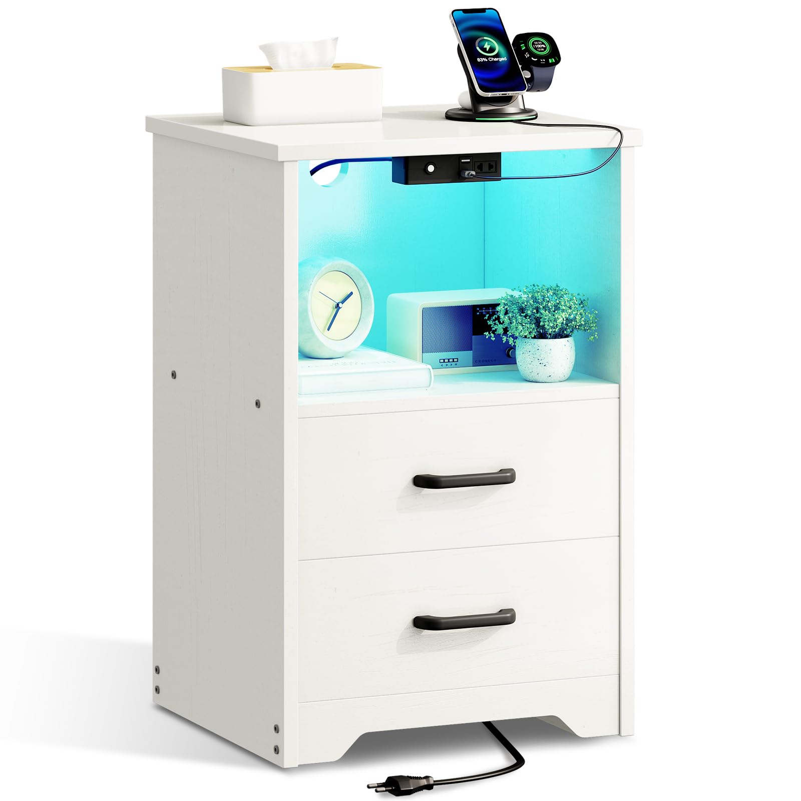 Coleshome Comodino con Prese USB e LED 10 Colori, Bianco