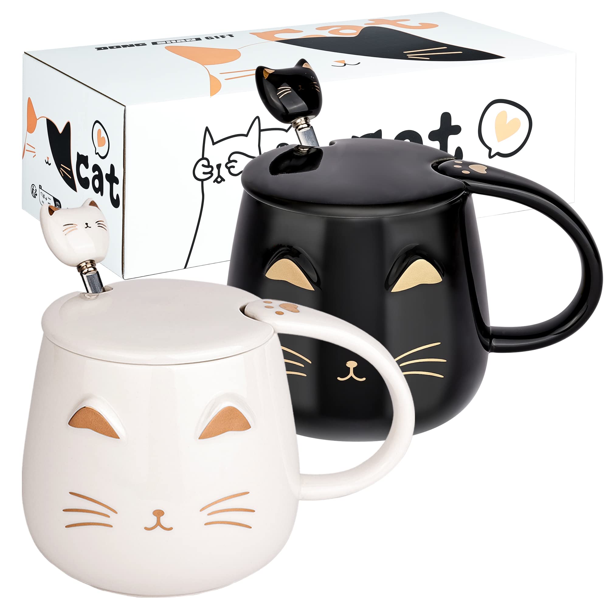 Set 2 Tazze Caffè Gatto con Coperchio e Cucchiaino 380ml