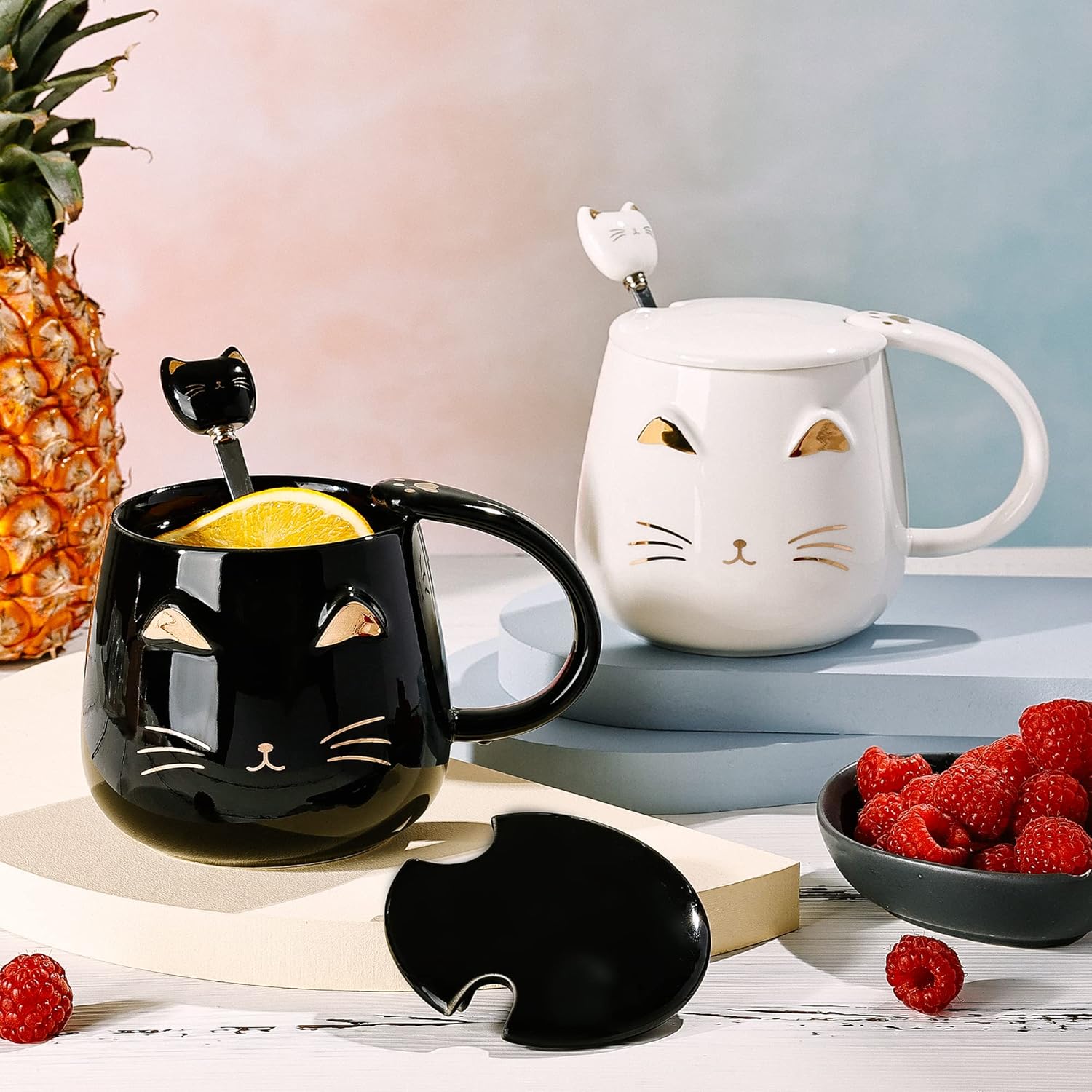 Set 2 Tazze Caffè Gatto con Coperchio e Cucchiaino 380ml - immagine 3