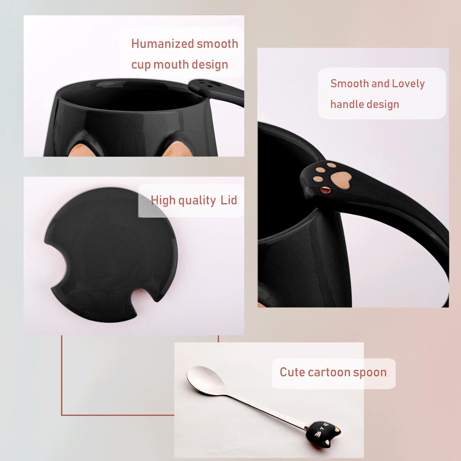 Set 2 Tazze Caffè Gatto con Coperchio e Cucchiaino 380ml - immagine 5