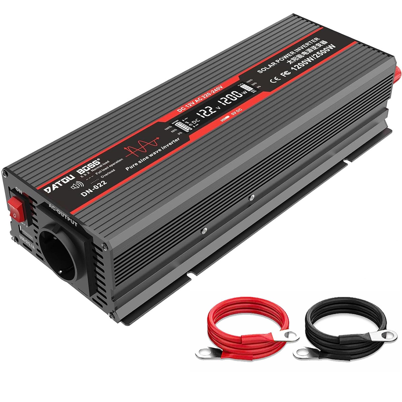 Datouboss Inverter Onda Sinusoidale Pura 12V 1200W, Nero