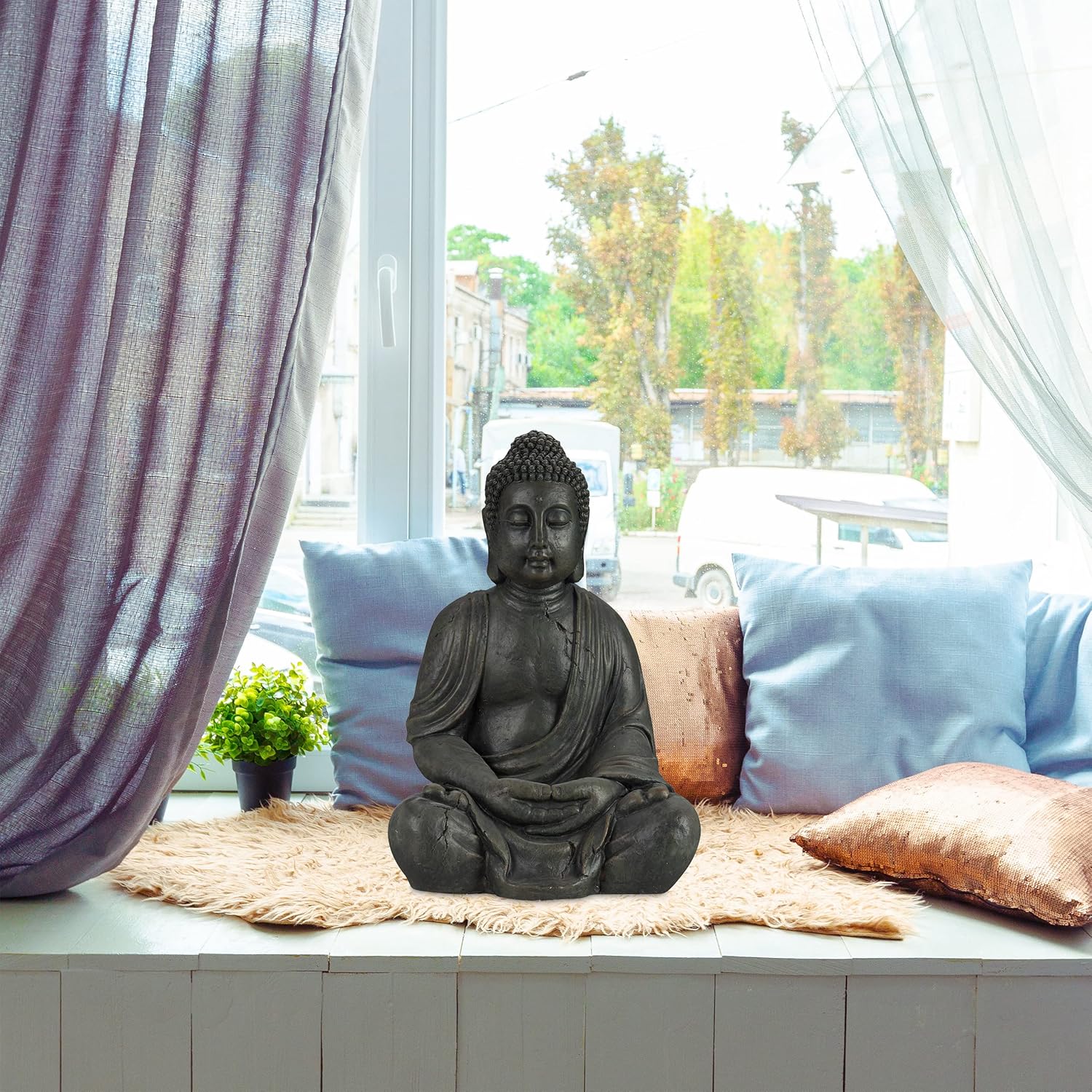 Relaxdays Statua Buddha Seduto XL 70cm, Grigio Scuro - immagine 2