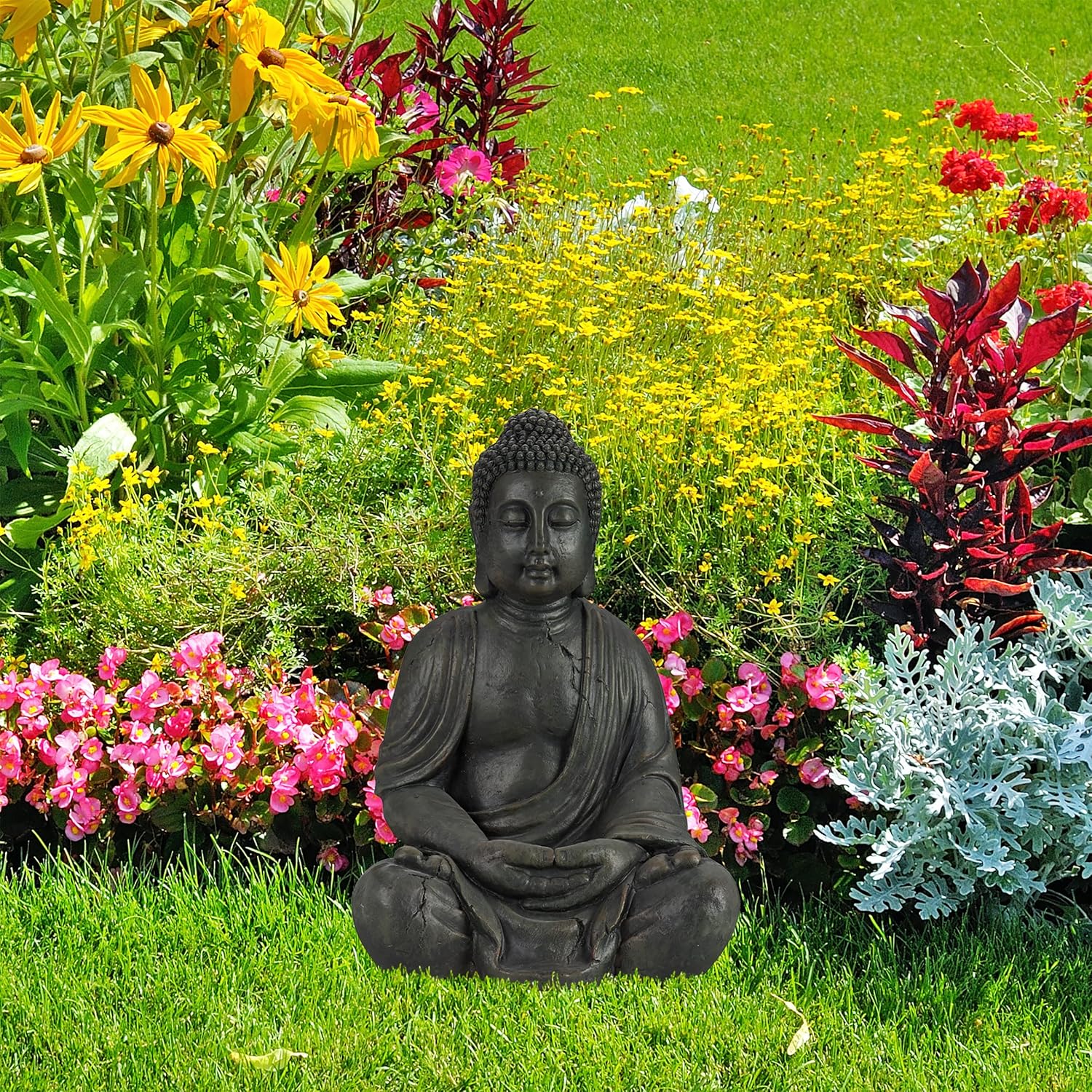 Relaxdays Statua Buddha Seduto XL 70cm, Grigio Scuro - immagine 3