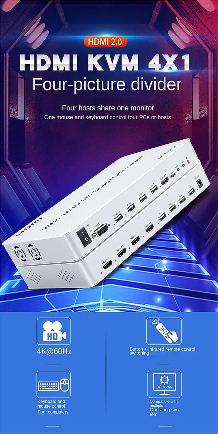 HDMI KVM Quad Splitter 4x1 4K 60Hz Multi-viewer - immagine 5
