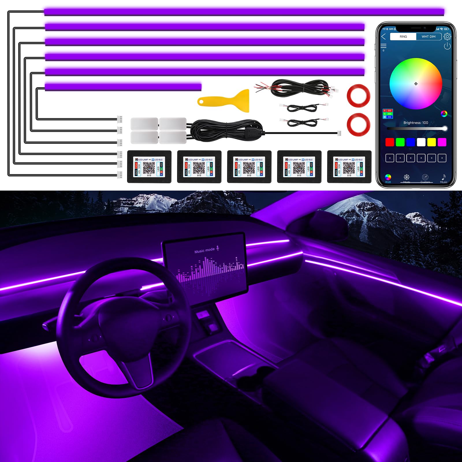 Striscia LED Acrilica per Interni Auto con App Wireless | Twetiz | Velz